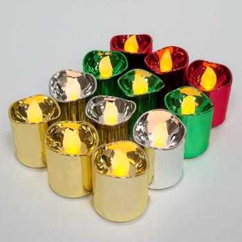 Светильник переносной "свеча" на батарейках CR2032, 12 шт*1LED (3 шт красных; 3 шт зеленых; 3 шт золотых; 3 шт серебряных) Цвет свечения: теплый белый, FL078