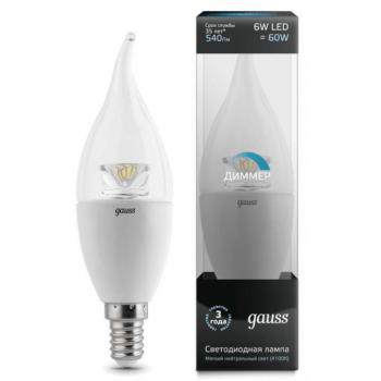 Лампа светодиодная Gauss LED Candle Tailed-dim Crystal Clear E14 6W 4100K диммируемая 1/10/50