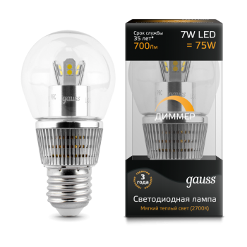 Лампа светодиодная Gauss LED Globe-dim Crystal Clear 7W E27 2700K диммируемая 1/10/100
