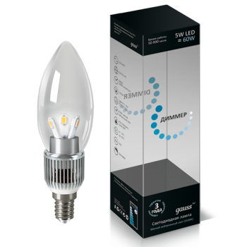 Лампа светодиодная Gauss LED свеча для хрустальных люстр (прозрачная) 5W E14 4100K диммируемая (нейтральный свет)