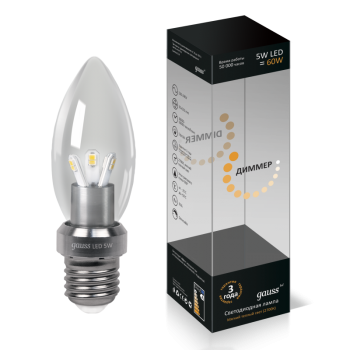 Лампа светодиодная Gauss LED свеча для хрустальных люстр (прозрачная) 5W E27 2700K диммируемая (теплый свет)