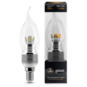 Лампа светодиодная Gauss LED свеча для хрустальных люстр (прозрачная) на ветру 5W E14 2700K диммируемая (теплый свет)