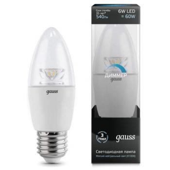 Лампа светодиодная Gauss LED Candle-dim Crystal Clear E27 6W 4100К диммируемая 1/10/50