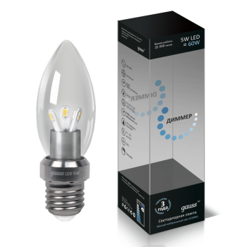 Лампа светодиодная Gauss LED свеча для хрустальных люстр (прозрачная) 5W E27 4100K диммируемая (нейтральный свет)