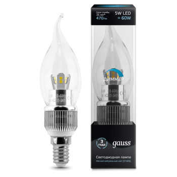 Лампа светодиодная Gauss LED свеча для хрустальных люстр (прозрачная) на ветру 5W E14 4100K диммируемая (нейтральный свет)