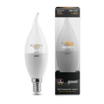 Лампа светодиодная Gauss LED Candle Tailed-dim Crystal Clear E14 6W 2700K диммируемая 1/10/50