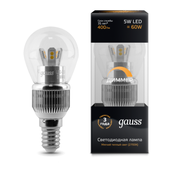 Лампа светодиодная Gauss LED шар для хрустальных люстр (прозрачный) 5W E14 2700K диммируемая (теплый свет)