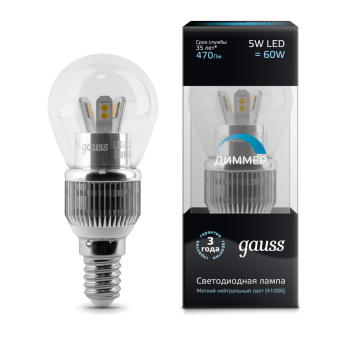 Лампа светодиодная Gauss LED шар для хрустальных люстр (прозрачный) 5W E14 4100K диммируемая (нейтральный свет)